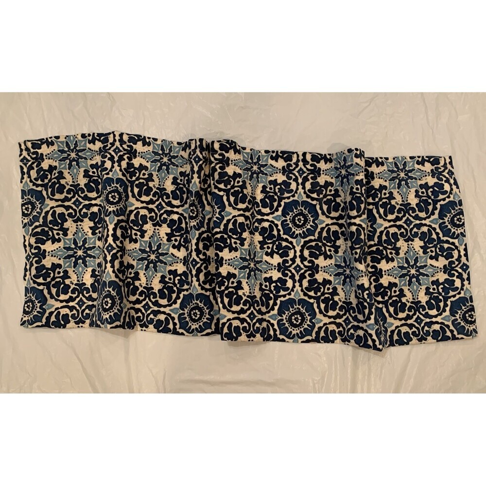 Blue And White Damask Patterned Window Valance Handmade 55”x16.5”